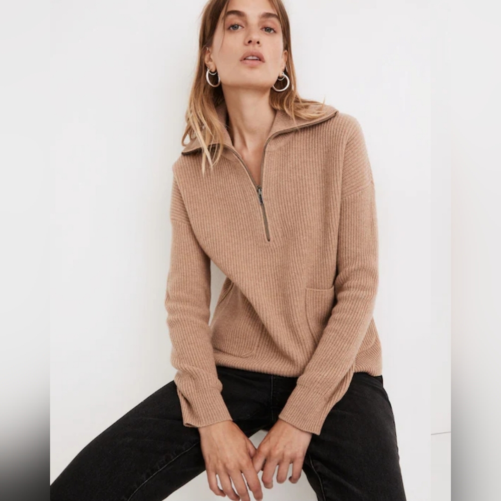 Madewell "Glenbrook Half-Zip Pullover Sweater" Heather Saddle Tan Women's Size M